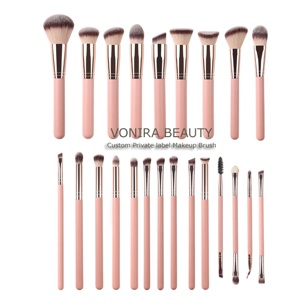 Professional Master Artist Rose Pinky 23-Piece Makeup Brush Set With Rosy Gold Ferrulle and Nude Handles