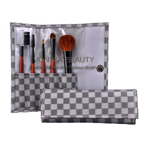5PCS Makeup Brush Se With Grid Pattern Cosmetic Bag