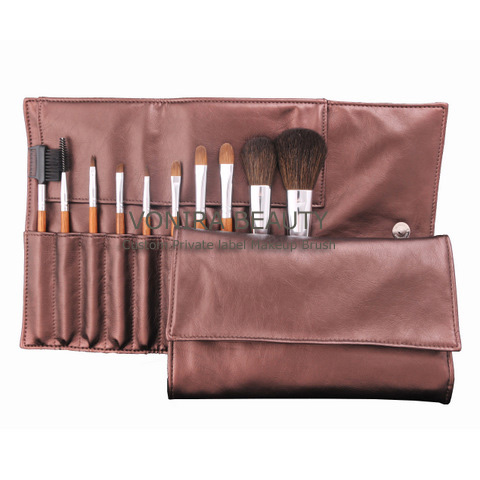Custom Private Label 10PCS-Travel Makeup Brush Set With Brown Cosmetic Bag