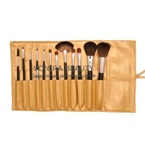  Brush  on Label 12pcs Professional Makeup Brush Set With Golden Cosmetic Bag