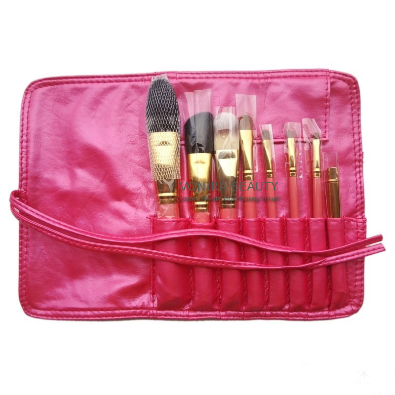 8pcs cosmetic brush set with gold ferrule and pink handle
