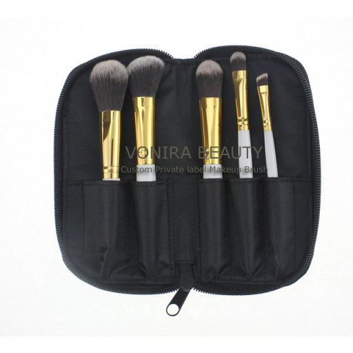 Private Label 5PCS Taklon Cosmetic Kit With Golded Ferrule and White Handle
