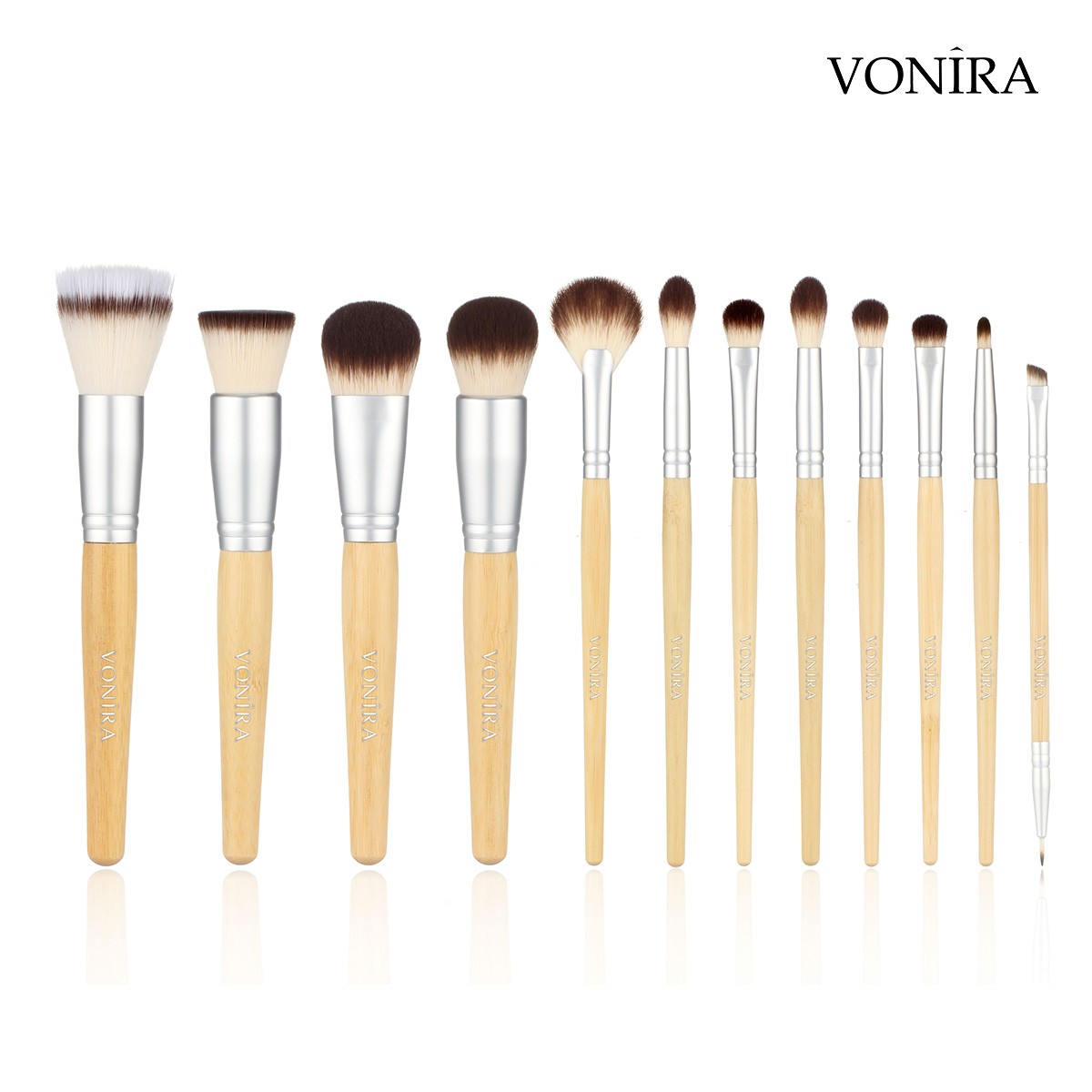 Vonira Beauty Manufacturer OEM 12 Pieces Eco Friendly Natural Bamboo Handle Makeup Brush Set Low MOQ Custom Private Label Make Up Brushes Kit