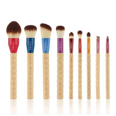 Vonira Beauty Factory Wholesale Custom Logo 9 Pcs Makeup Brushes Set With Fashion Natural Oak Beaded Shape Wood Handles Low MOQ