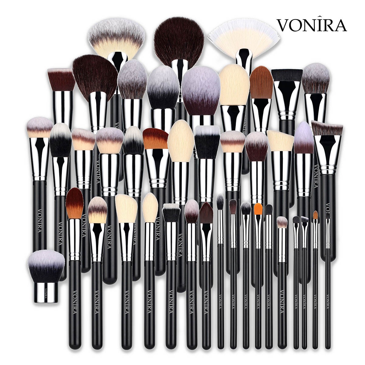 Vonira Beauty Factory Custom Full Complete Professional Makeup Brushes Set Private Label With Silver Copper Ferrule Black Wooden Handles