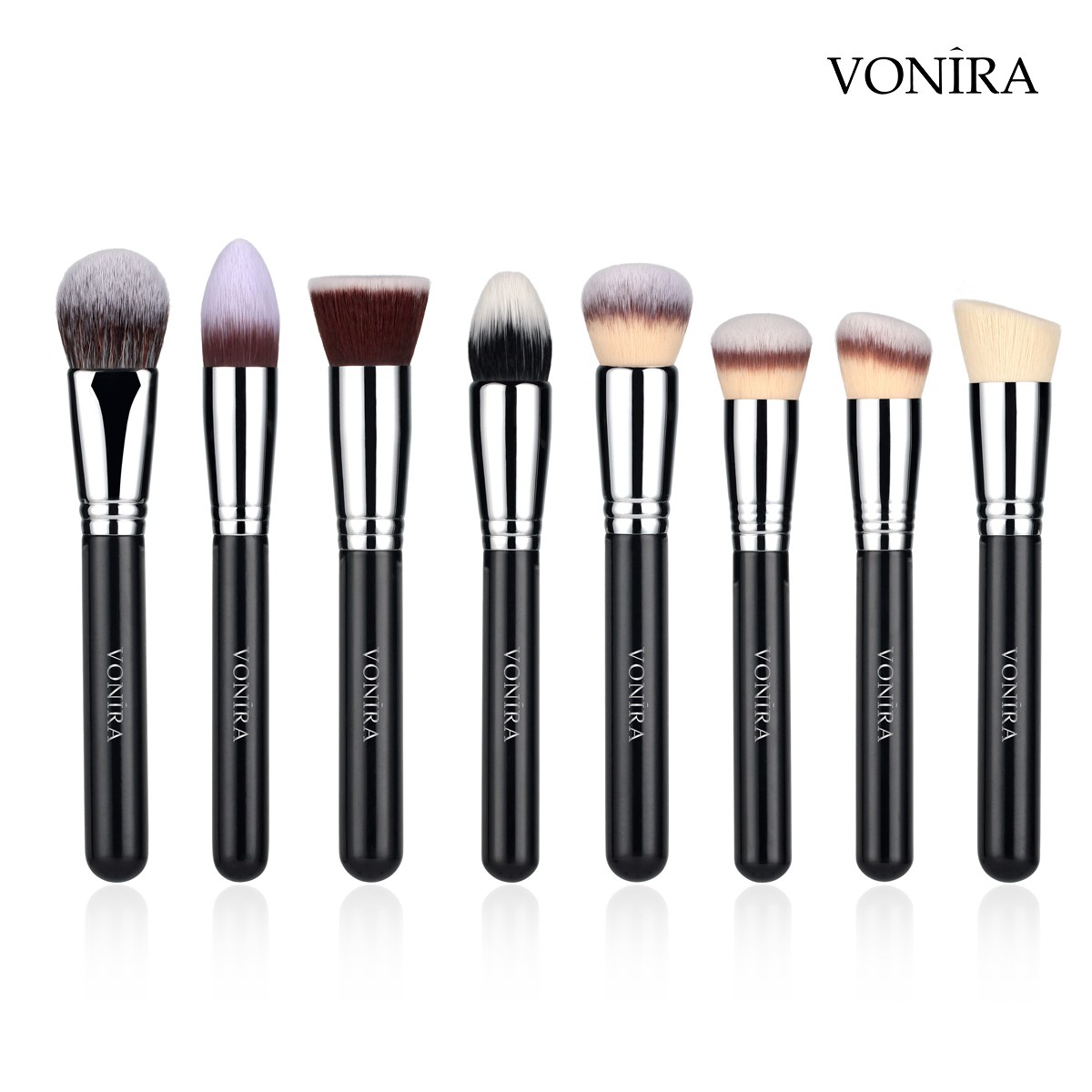 Vonira Beauty Factory Custom Full Complete Professional Makeup Brushes Set Private Label With Silver Copper Ferrule Black Wooden Handles