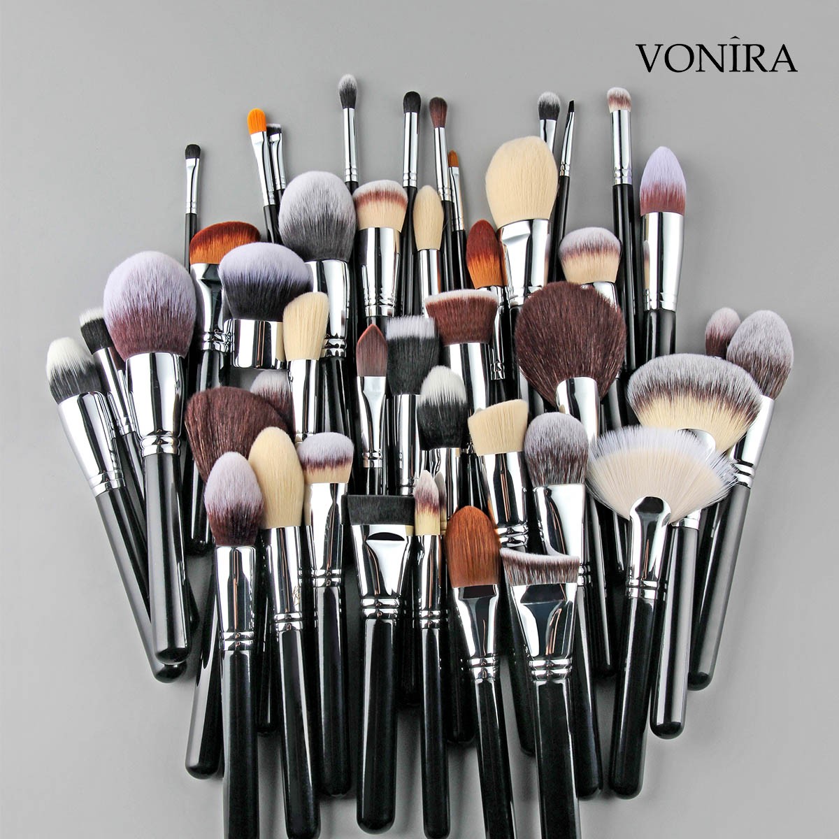 Vonira Beauty Factory Custom Full Complete Professional Makeup Brushes Set Private Label With Silver Copper Ferrule Black Wooden Handles