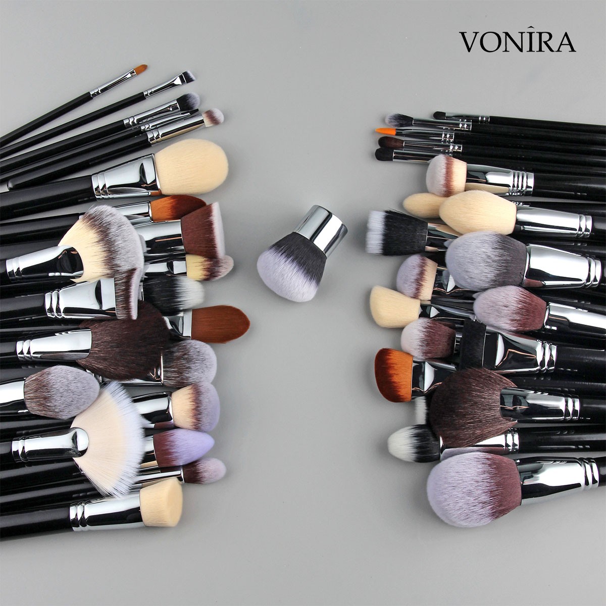 Vonira Beauty Factory Custom Full Complete Professional Makeup Brushes Set Private Label With Silver Copper Ferrule Black Wooden Handles