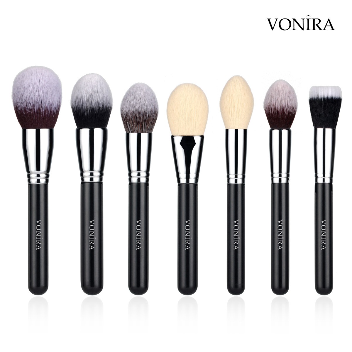 Vonira Beauty Factory Custom Full Complete Professional Makeup Brushes Set Private Label With Silver Copper Ferrule Black Wooden Handles