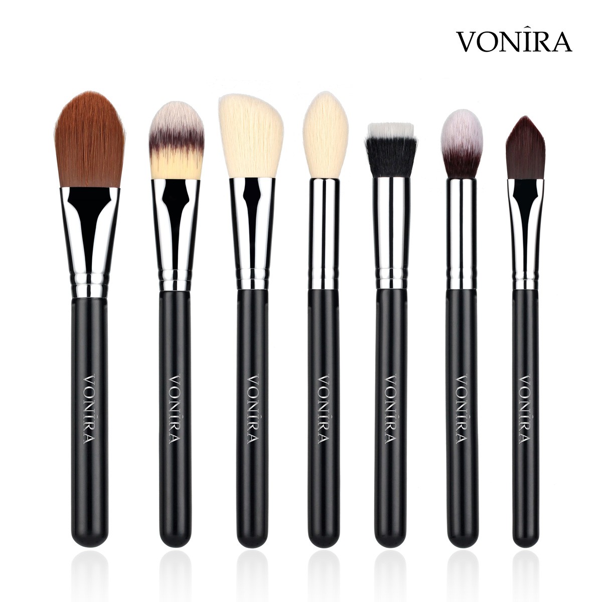 Vonira Beauty Factory Custom Full Complete Professional Makeup Brushes Set Private Label With Silver Copper Ferrule Black Wooden Handles
