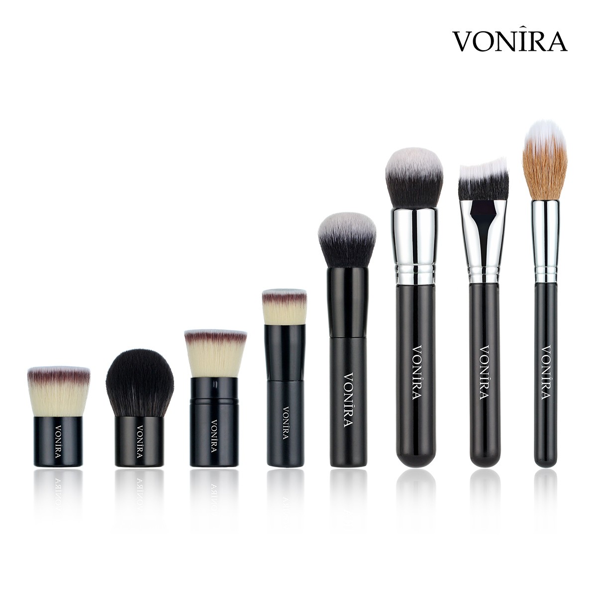 Vonira Beauty Factory Custom Full Complete Professional Makeup Brushes Set Private Label With Silver Copper Ferrule Black Wooden Handles