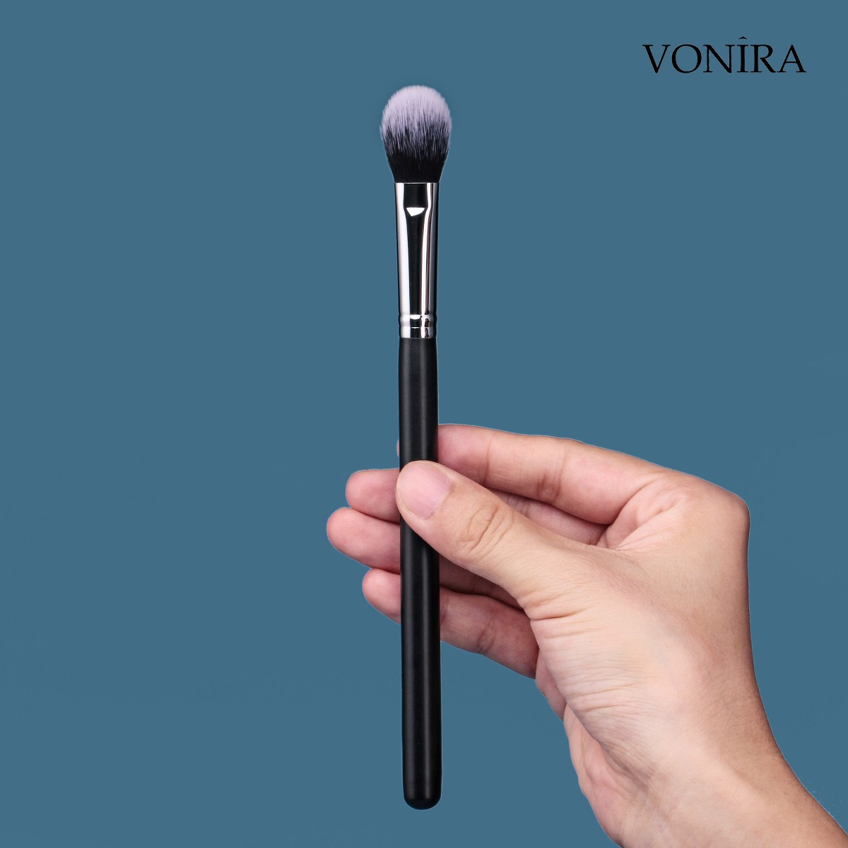 Vonira Beauty Factory Custom Private Label Wholesale Flat Makeup Setting Powder Brush With Silver Copper Ferrule Black Birch Wooden Handles
