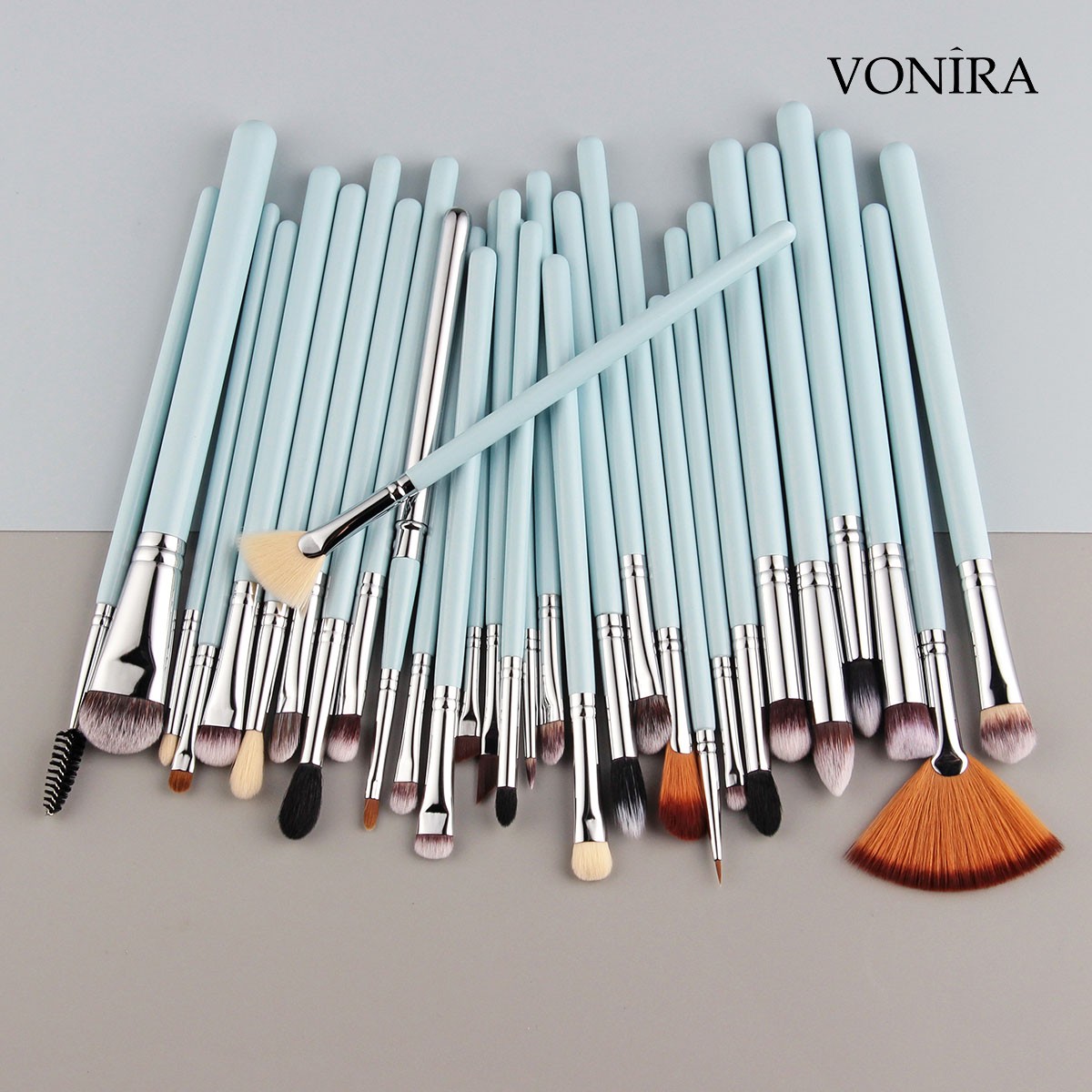 Vonira Beauty Manufacturer Custom Full Complete Eye Makeup Brushes Set Private Label With Silver Copper Ferrule Green Wooden Handles