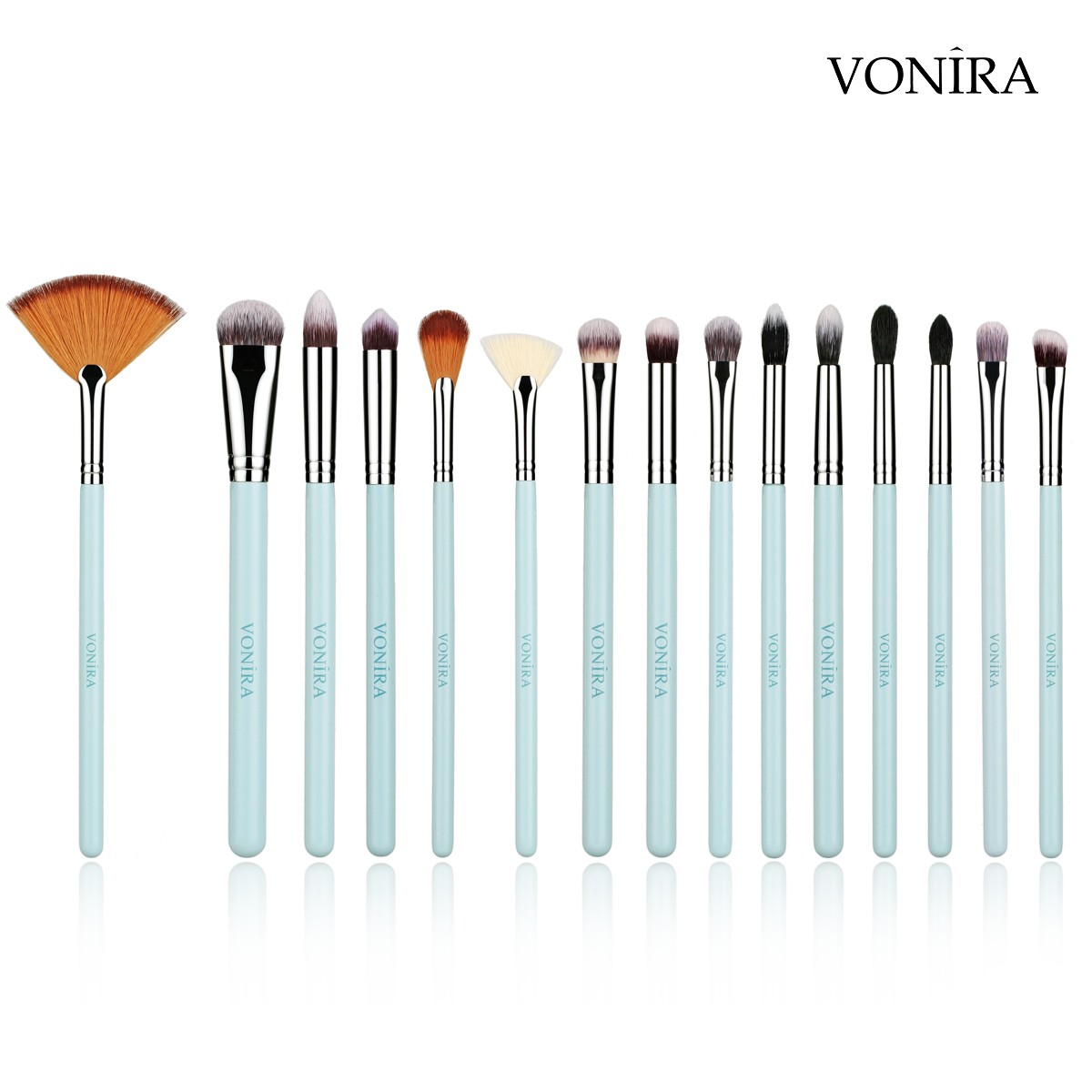 Vonira Beauty Manufacturer Custom Full Complete Eye Makeup Brushes Set Private Label With Silver Copper Ferrule Green Wooden Handles