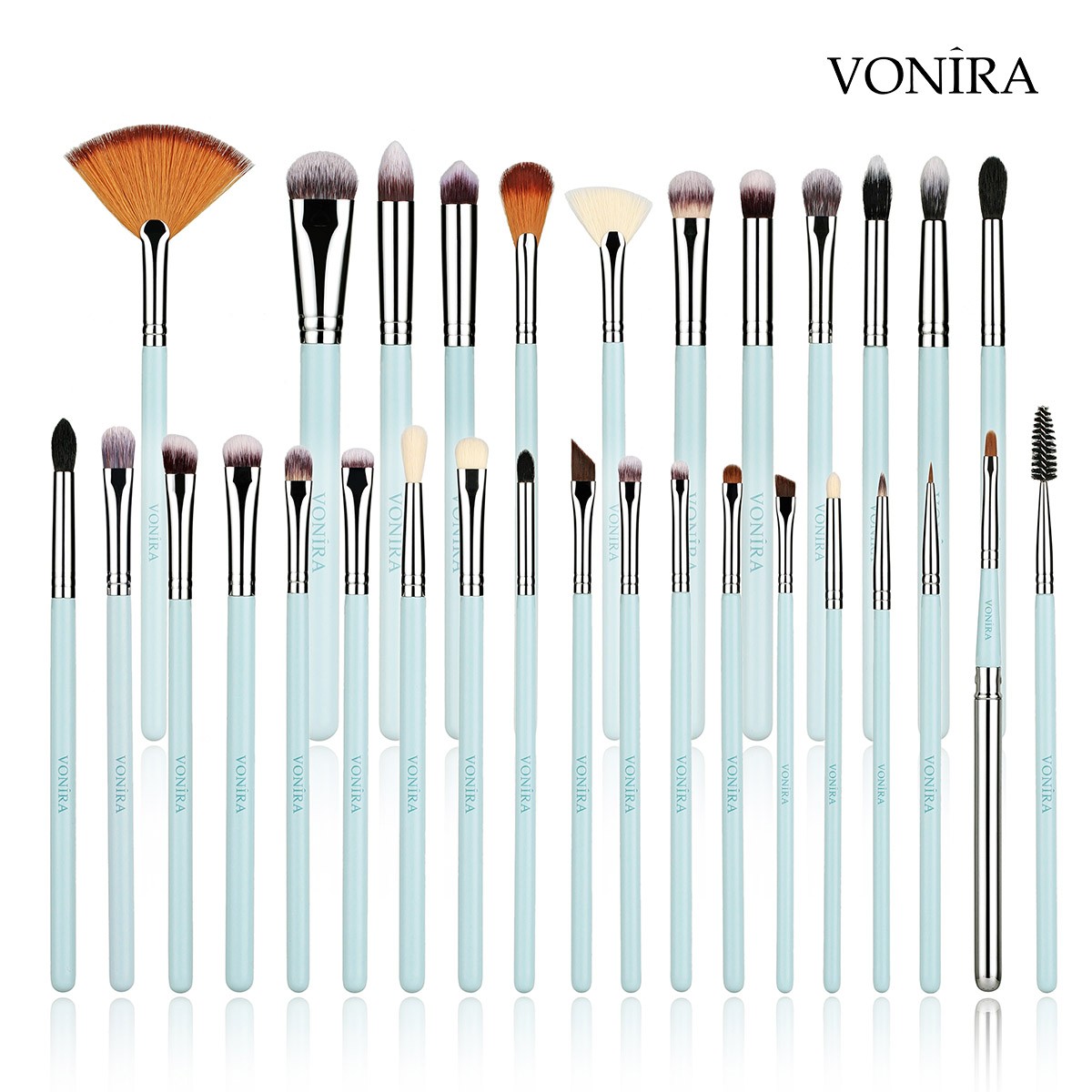 Vonira Beauty Manufacturer Custom Full Complete Eye Makeup Brushes Set Private Label With Silver Copper Ferrule Green Wooden Handles