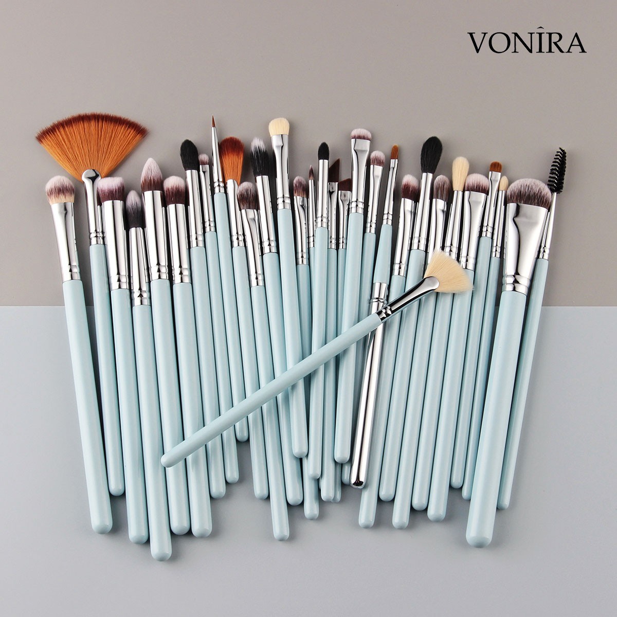 Vonira Beauty Manufacturer Custom Full Complete Eye Makeup Brushes Set Private Label With Silver Copper Ferrule Green Wooden Handles