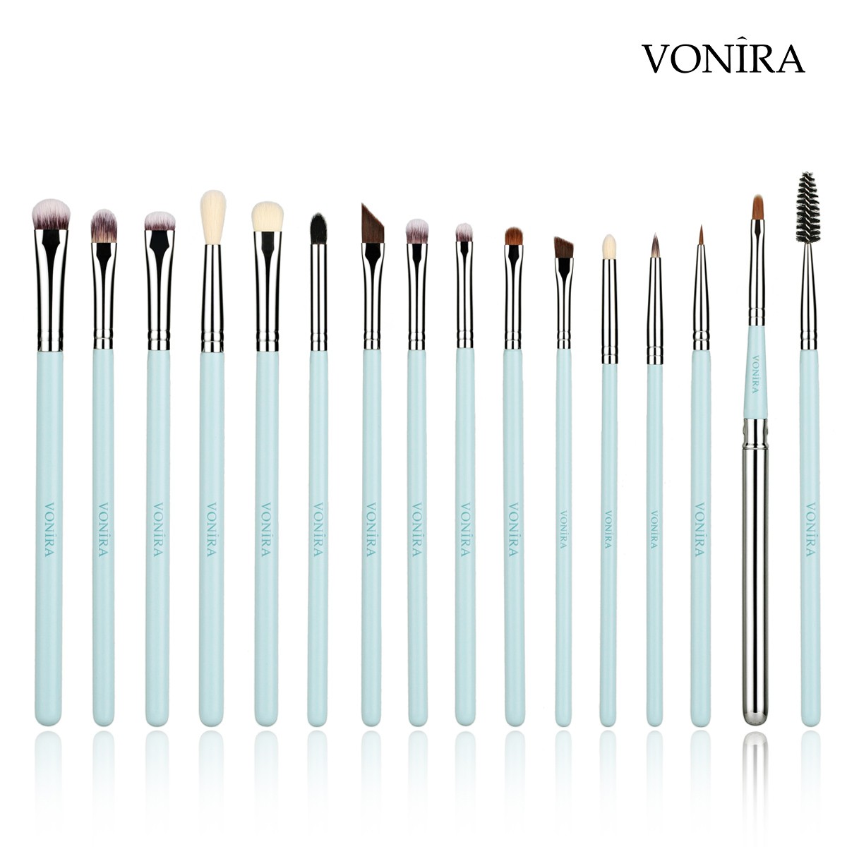 Vonira Beauty Manufacturer Custom Full Complete Eye Makeup Brushes Set Private Label With Silver Copper Ferrule Green Wooden Handles