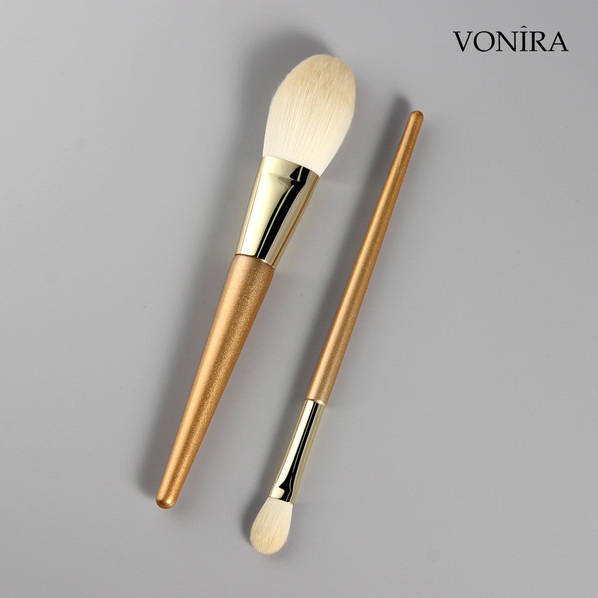 Vonira Custom OEM Wholesale Basic Gold Glitter Wood Handle Makeup Brush Set Drop Shipping Micro Crystal Fibre Make Up Brushes Kit ODM Customer Logo