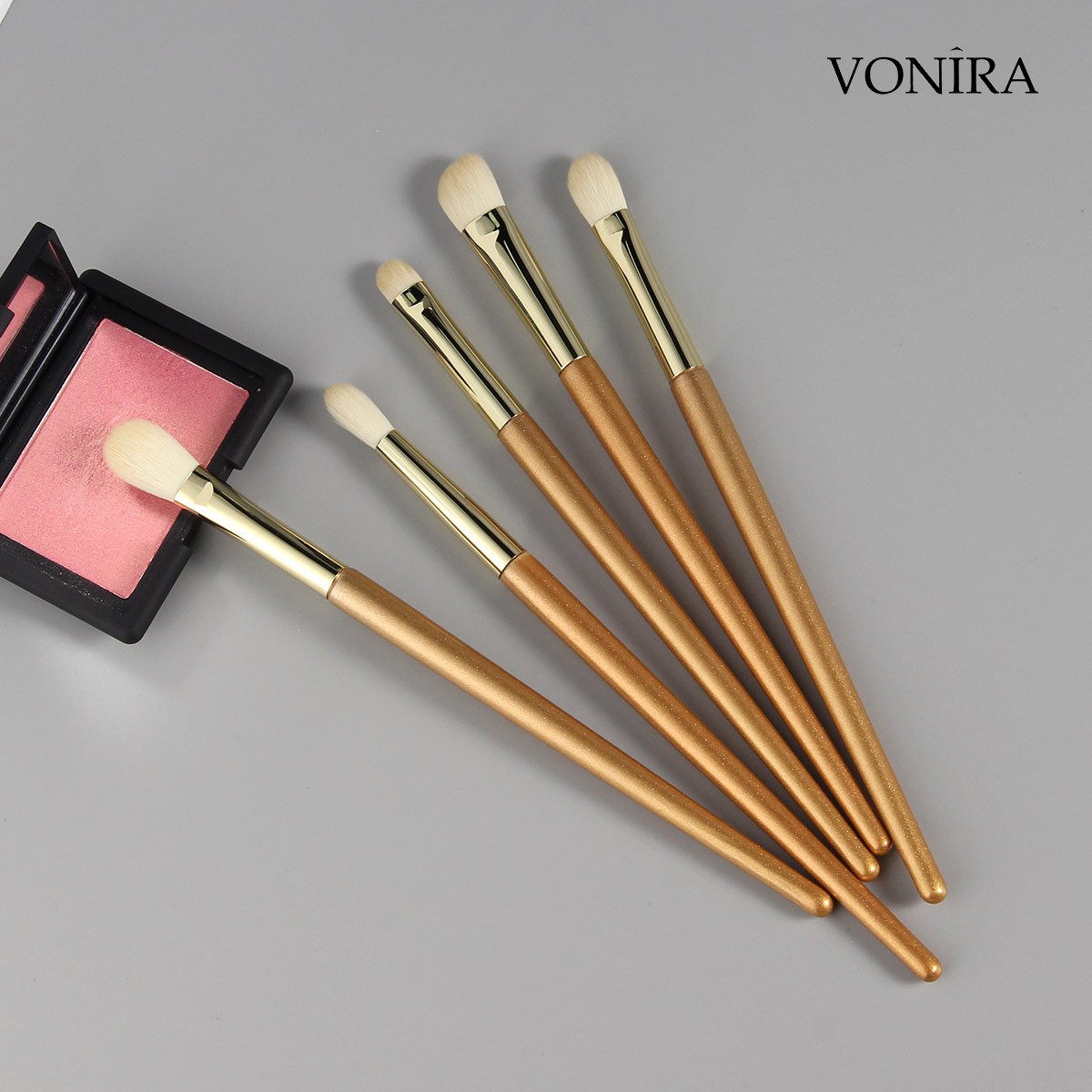 Vonira Custom OEM Wholesale Basic Gold Glitter Wood Handle Makeup Brush Set Drop Shipping Micro Crystal Fibre Make Up Brushes Kit ODM Customer Logo