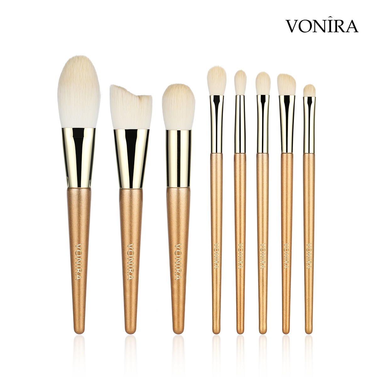 Vonira Custom OEM Wholesale Basic Gold Glitter Wood Handle Makeup Brush Set Drop Shipping Micro Crystal Fibre Make Up Brushes Kit ODM Customer Logo