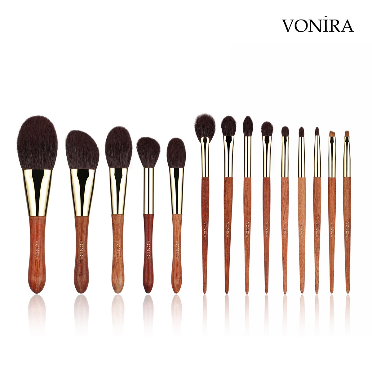 Vonira Beauty Factory Custom Private Label OEM High Quality 14pcs Makeup Brushes Set With 24K Gold Copper Ebony Handle
