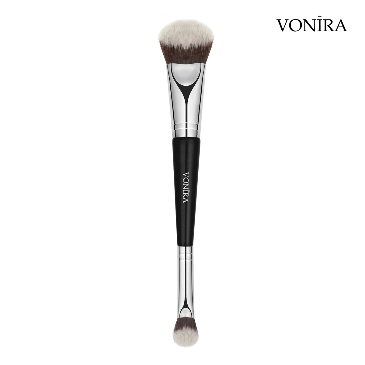Vonira Beauty Custom Private Label Double Ended Face Foundation Concealer Blending Makeup Brush With Silver Copper Ferrule Black Birch Wooden Handles