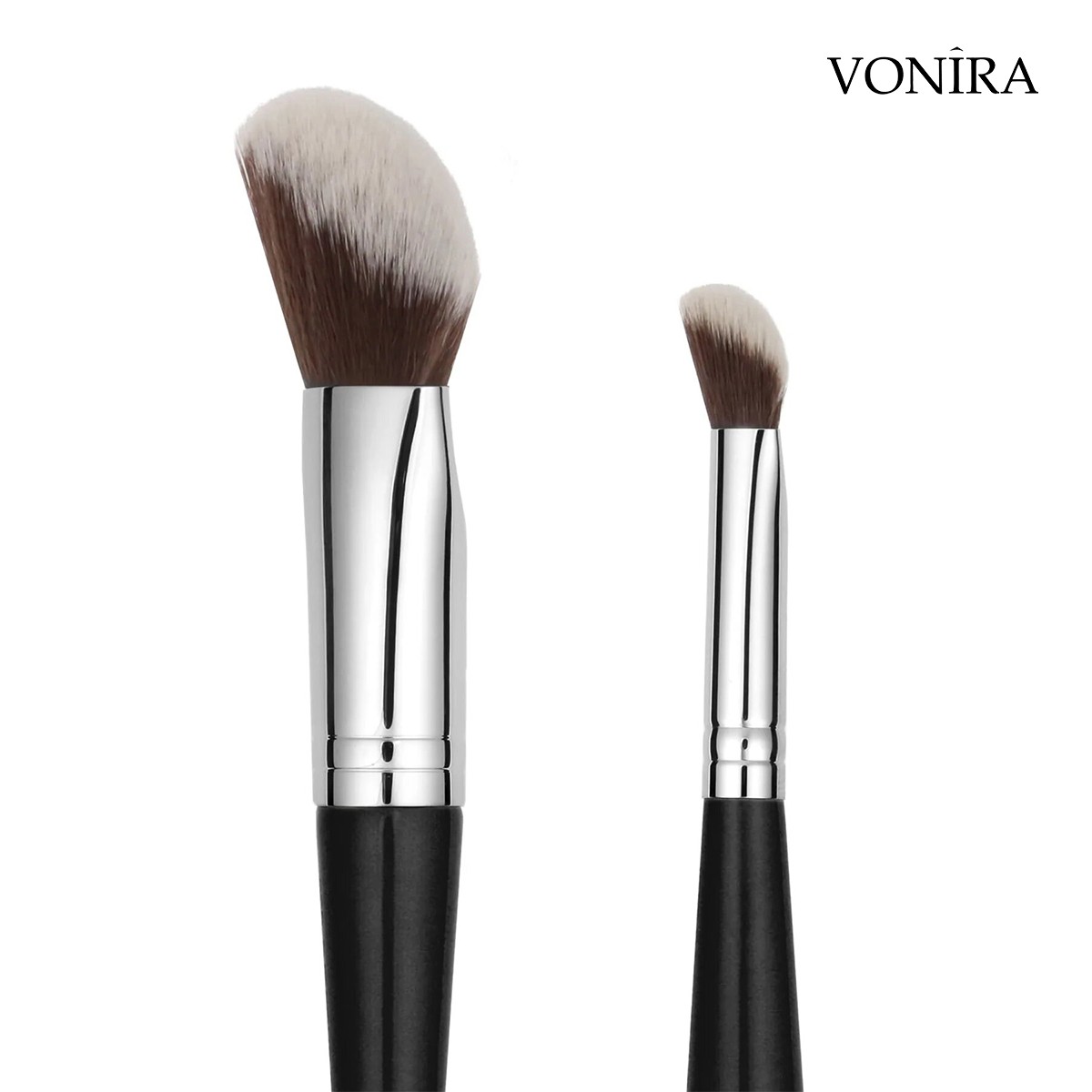 Vonira Beauty Custom Private Label Double Ended Face Foundation Concealer Blending Makeup Brush With Silver Copper Ferrule Black Birch Wooden Handles