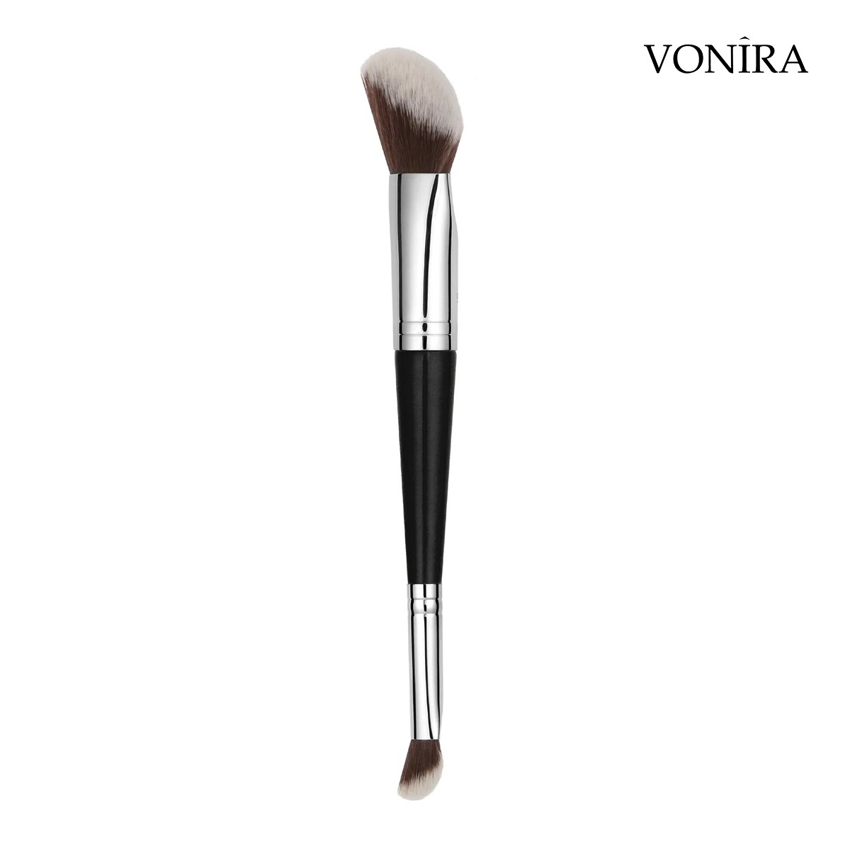 Vonira Beauty Custom Private Label Double Ended Face Foundation Concealer Blending Makeup Brush With Silver Copper Ferrule Black Birch Wooden Handles