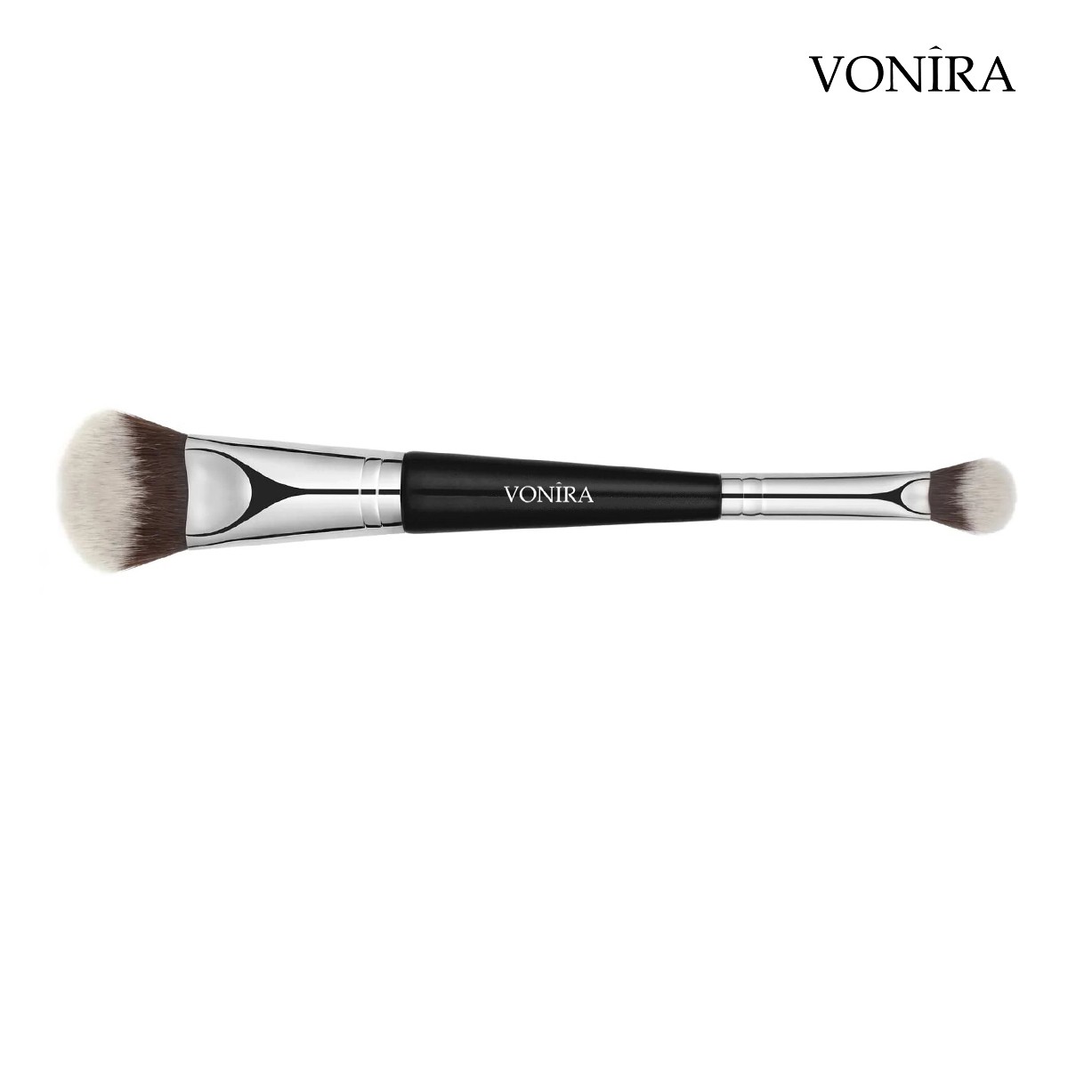 Vonira Beauty Custom Private Label Double Ended Face Foundation Concealer Blending Makeup Brush With Silver Copper Ferrule Black Birch Wooden Handles