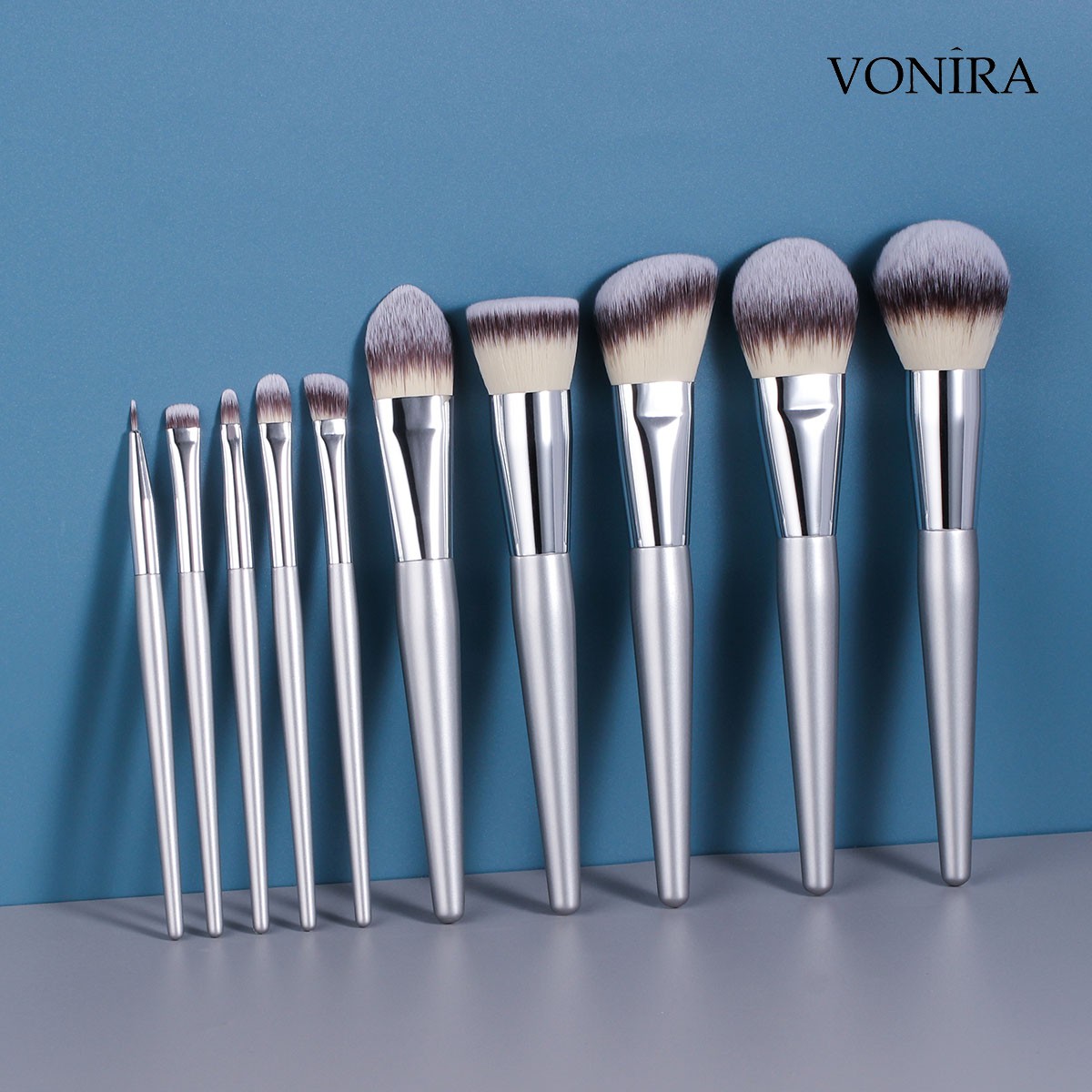 Vonira Free Custom Samples Brochas De Maquillaje Cosmetics Foundation Professional Make up Brushes Silver Color Birch Wooden Handle Makeup Brush Set