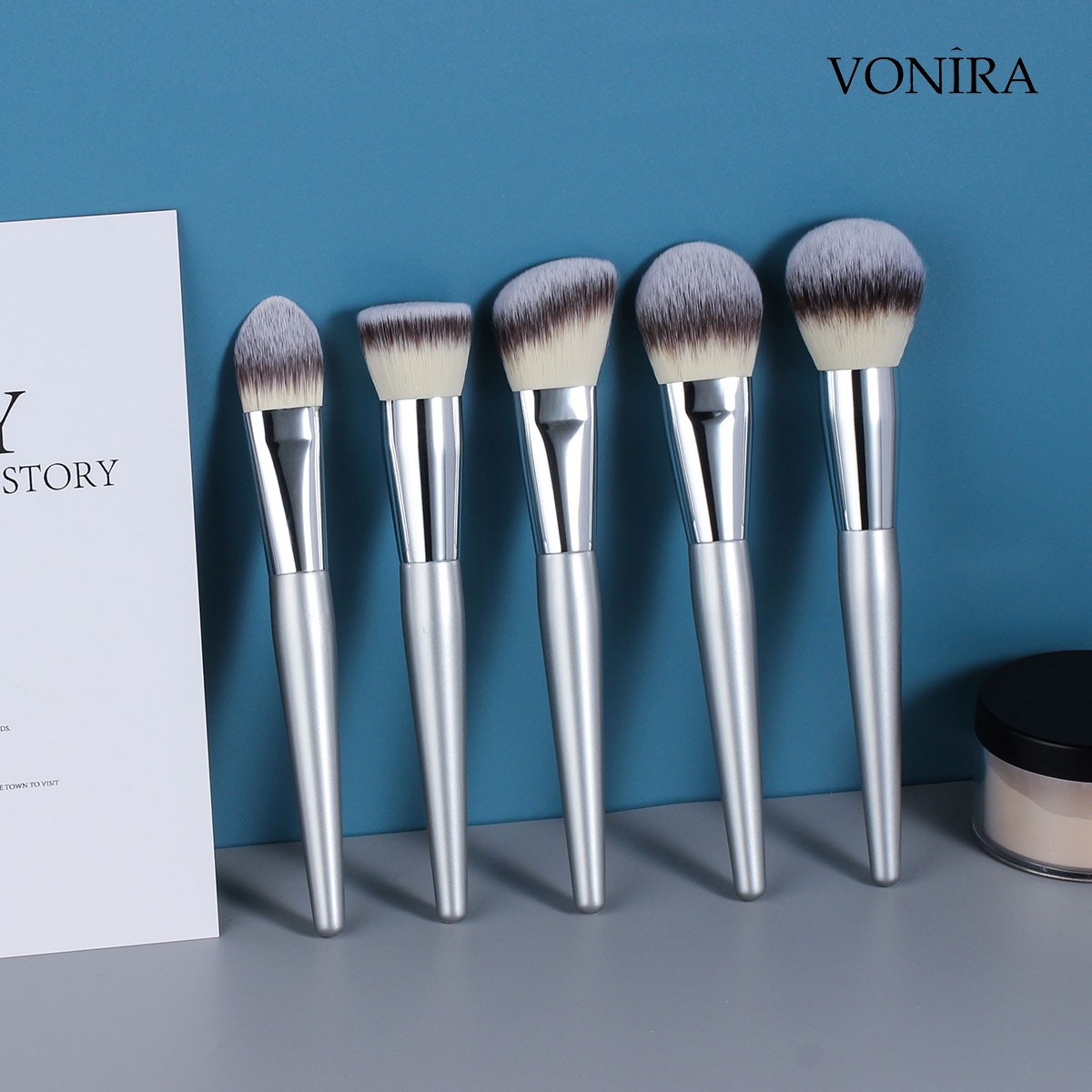 Vonira Free Custom Samples Brochas De Maquillaje Cosmetics Foundation Professional Make up Brushes Silver Color Birch Wooden Handle Makeup Brush Set