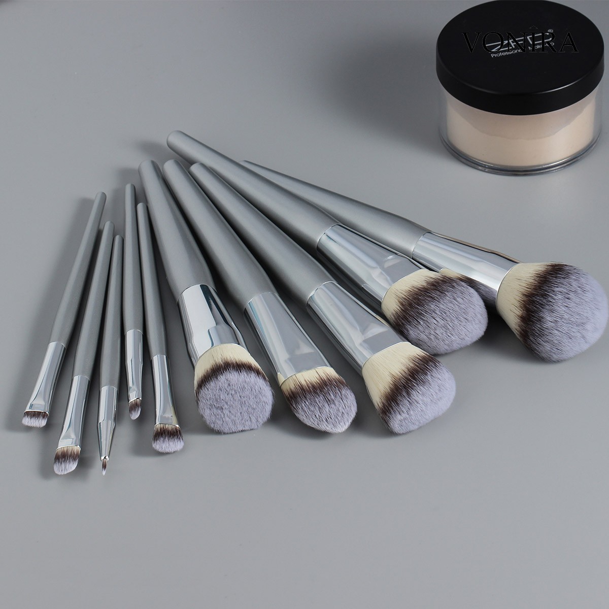 Vonira Free Custom Samples Brochas De Maquillaje Cosmetics Foundation Professional Make up Brushes Silver Color Birch Wooden Handle Makeup Brush Set