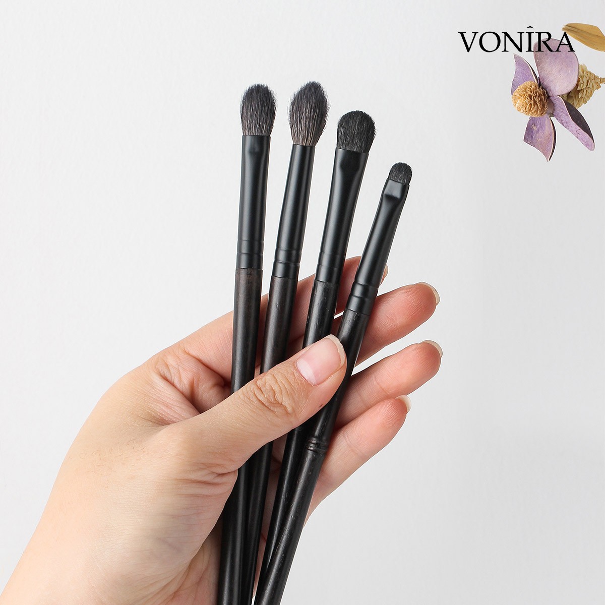 Vonira Beauty Luxurious Handcrafted Natural Goat Pony Hair Eboony Wood Matte Black Brass Ferrule Makeup Eye Brushes Set