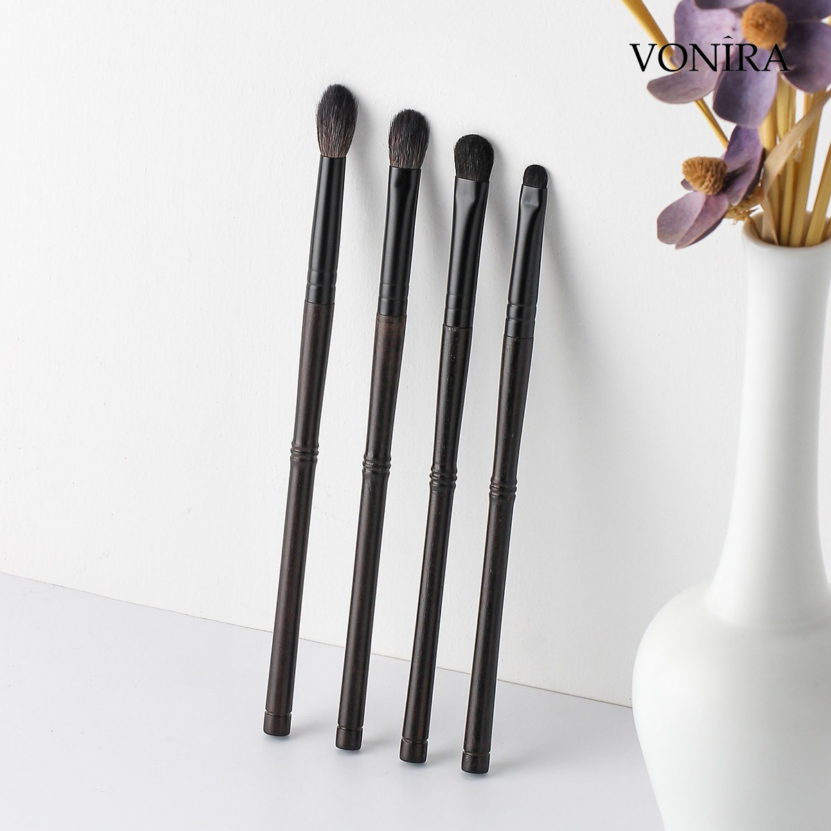 Vonira Beauty Luxurious Handcrafted Natural Goat Pony Hair Eboony Wood Matte Black Brass Ferrule Makeup Eye Brushes Set