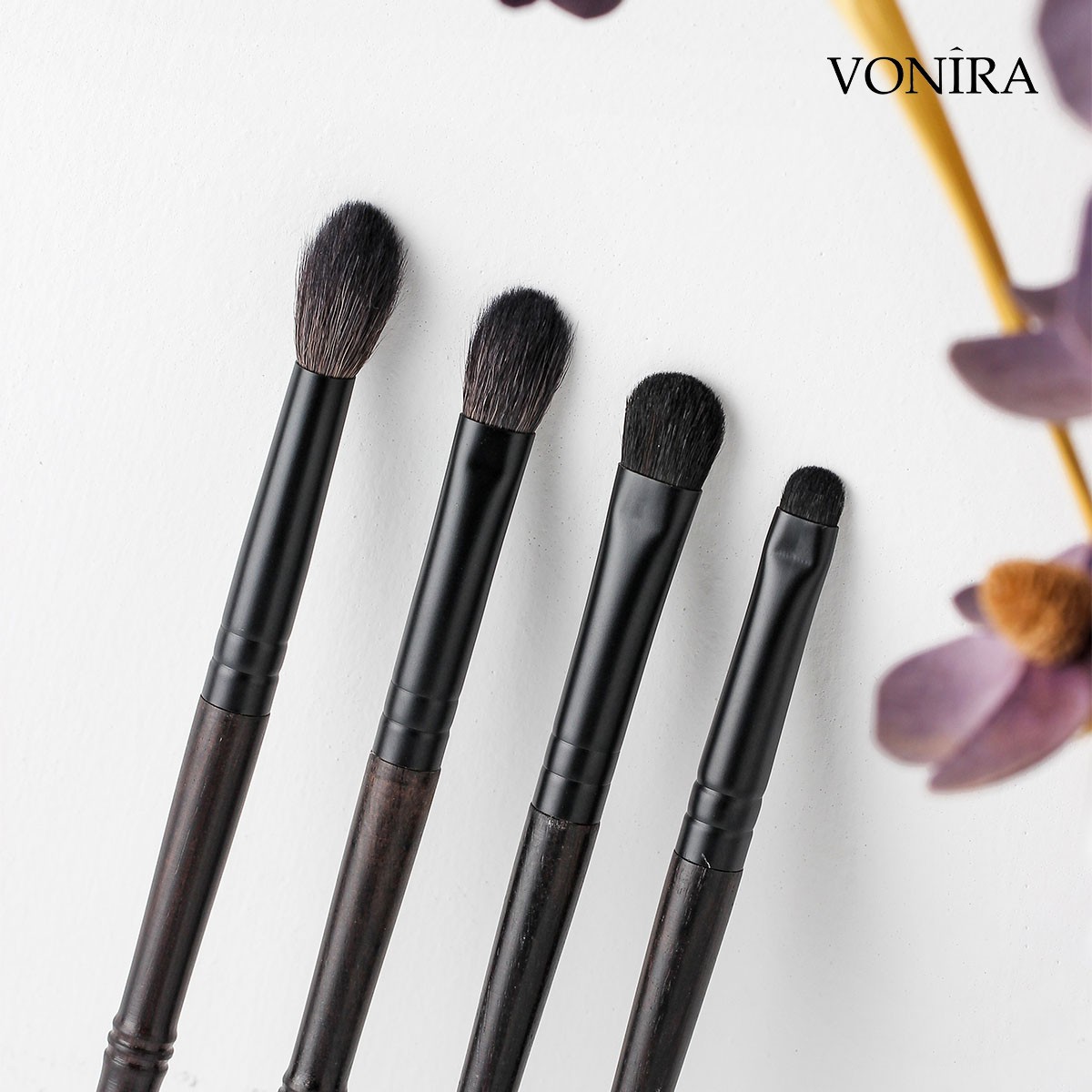 Vonira Beauty Luxurious Handcrafted Natural Goat Pony Hair Eboony Wood Matte Black Brass Ferrule Makeup Eye Brushes Set