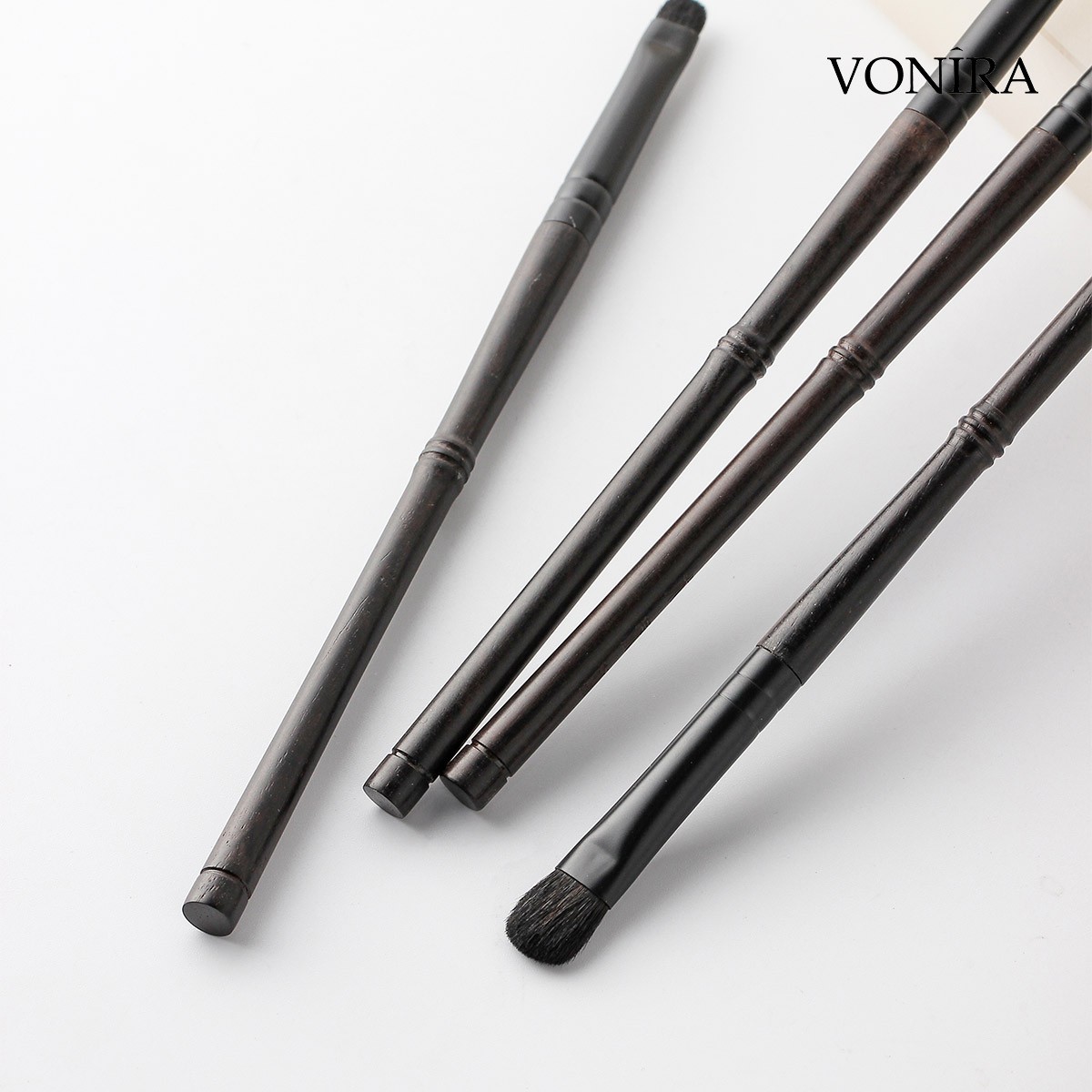 Vonira Beauty Luxurious Handcrafted Natural Goat Pony Hair Eboony Wood Matte Black Brass Ferrule Makeup Eye Brushes Set