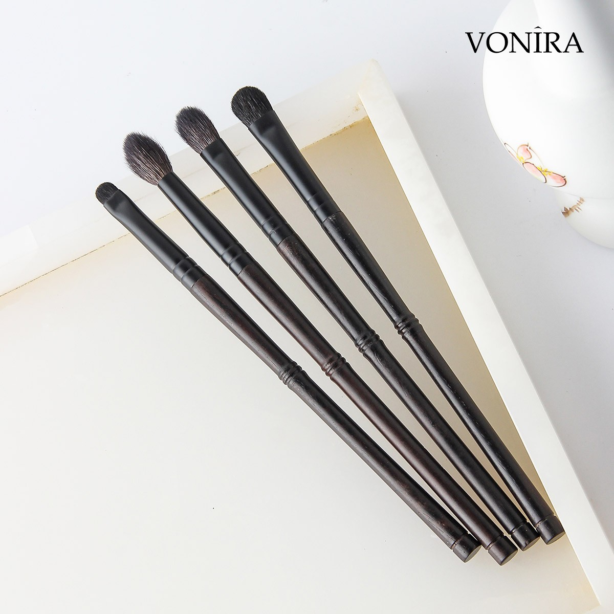 Vonira Beauty Luxurious Handcrafted Natural Goat Pony Hair Eboony Wood Matte Black Brass Ferrule Makeup Eye Brushes Set