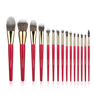 High Quality Fundamental Collection of 15 Pieces Creative Make-up Brush Set With Red Wooden Handle Gold Color Ferrule