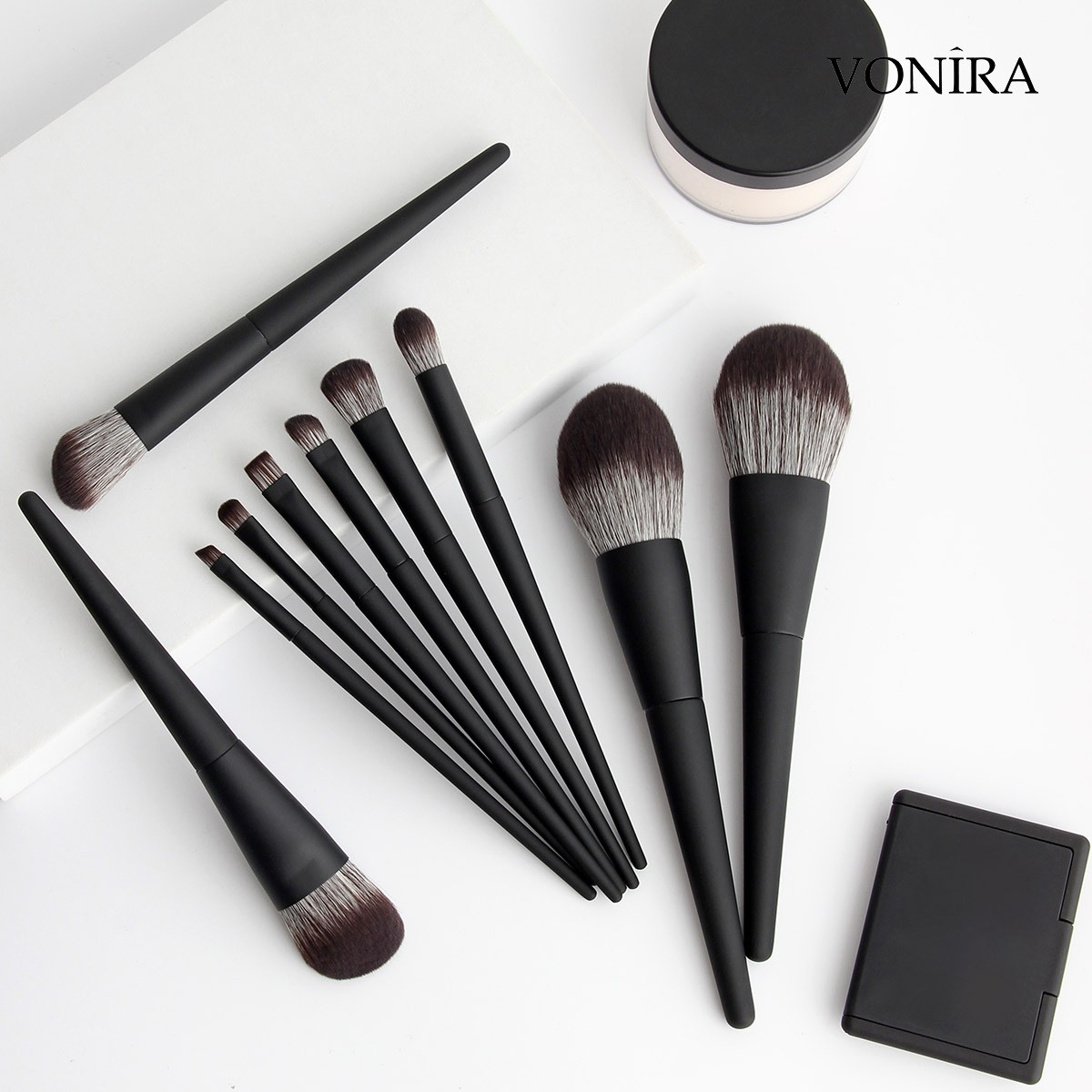 The Quiet Luxury Collection 10-Piece Makeup Brush Set Full Matte Black Vegan Cosmetic Mineral Kit