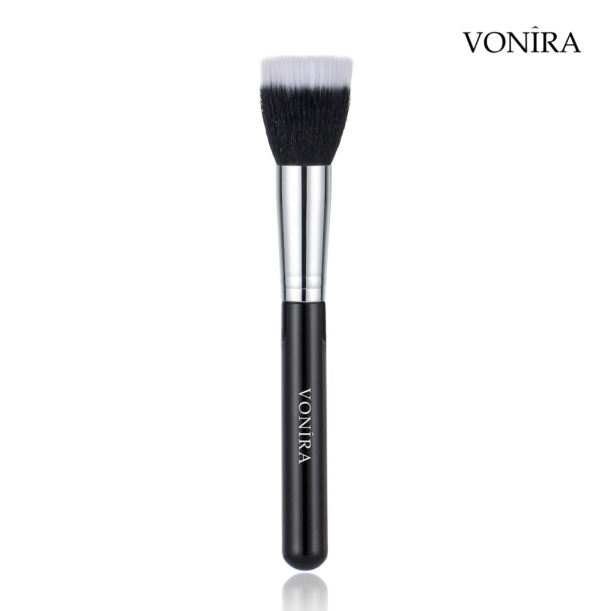 Vonira Beauty Luxury Large Stippling Face Makeup Duo Fibre Brush With Silver Brass Ferrule Black Handle Custom Private Label