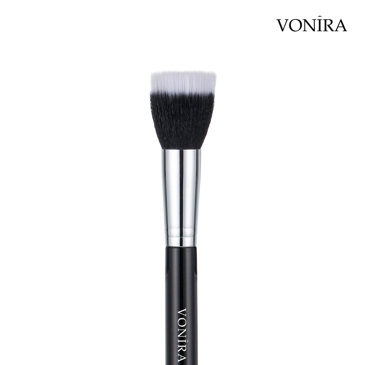Vonira Beauty Luxury Large Stippling Face Makeup Duo Fibre Brush With Silver Brass Ferrule Black Handle Custom Private Label