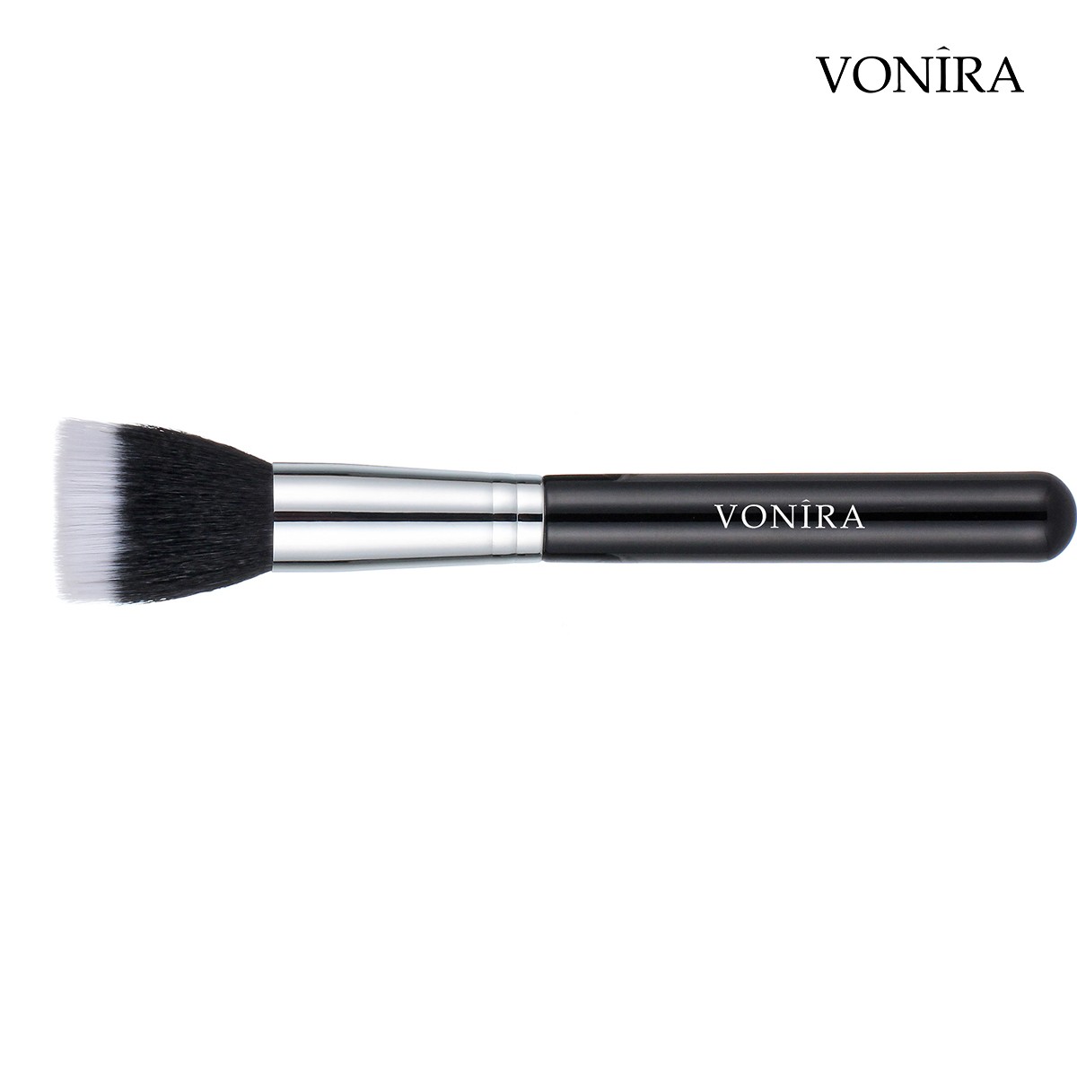 Vonira Beauty Luxury Large Stippling Face Makeup Duo Fibre Brush With Silver Brass Ferrule Black Handle Custom Private Label