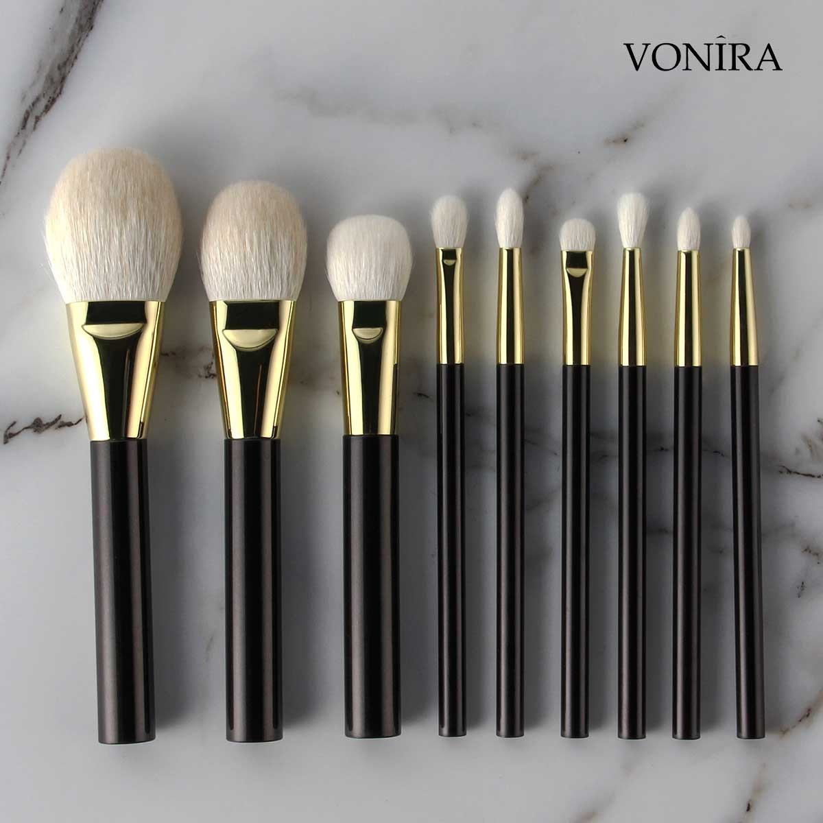 Vonira Luxury Natural Hair Makeup Brush Set Model YFV138 With Gold Copper Ferrule Low MOQ Custom Private Label Make Up Brushes