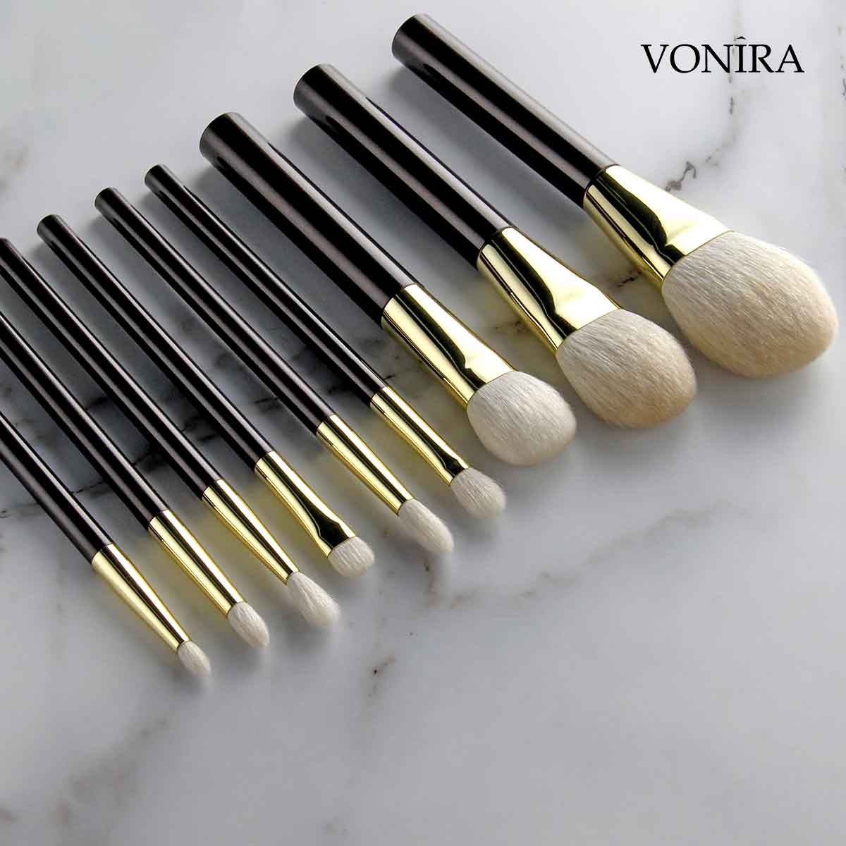 Vonira Luxury Natural Hair Makeup Brush Set Model YFV138 With Gold Copper Ferrule Low MOQ Custom Private Label Make Up Brushes