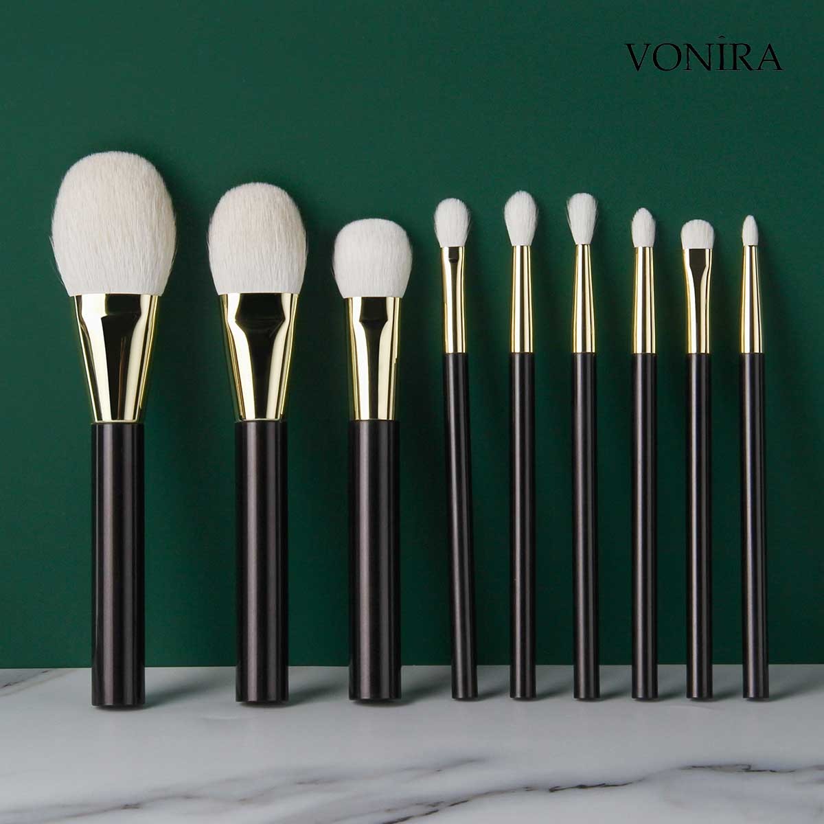 Vonira Luxury Natural Hair Makeup Brush Set Model YFV138 With Gold Copper Ferrule Low MOQ Custom Private Label Make Up Brushes