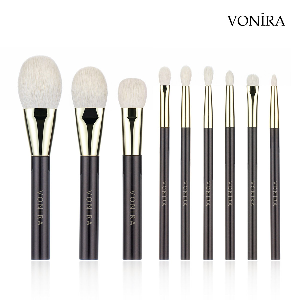Vonira Luxury Natural Hair Makeup Brush Set Model YFV138 With Gold Copper Ferrule Low MOQ Custom Private Label Make Up Brushes