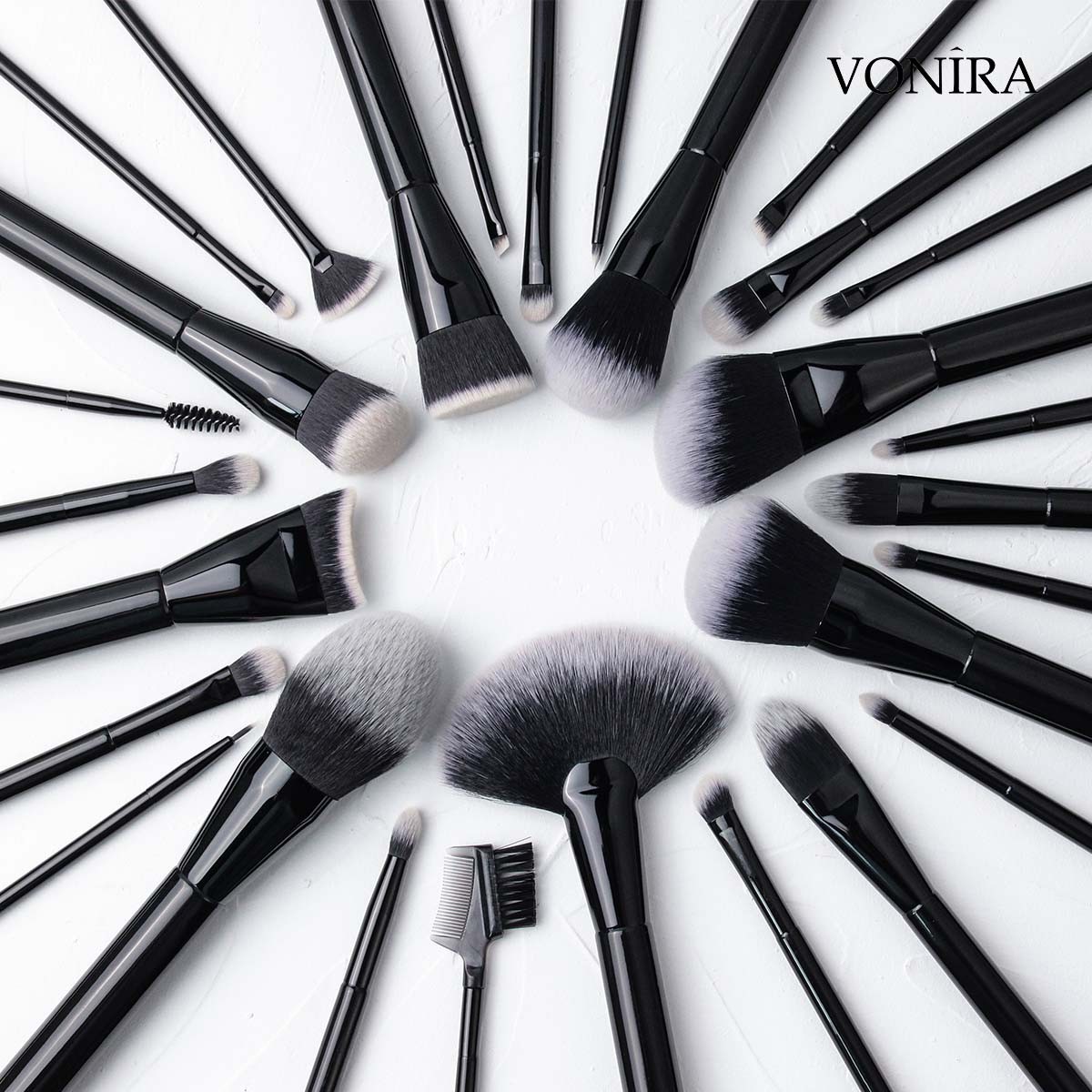Vonira Beauty OEM ODM Fashion Professional 28 Pieces Makeup Brushes Set Glossy Black Luxury Premium Cosmetic Brushes Set Private Label