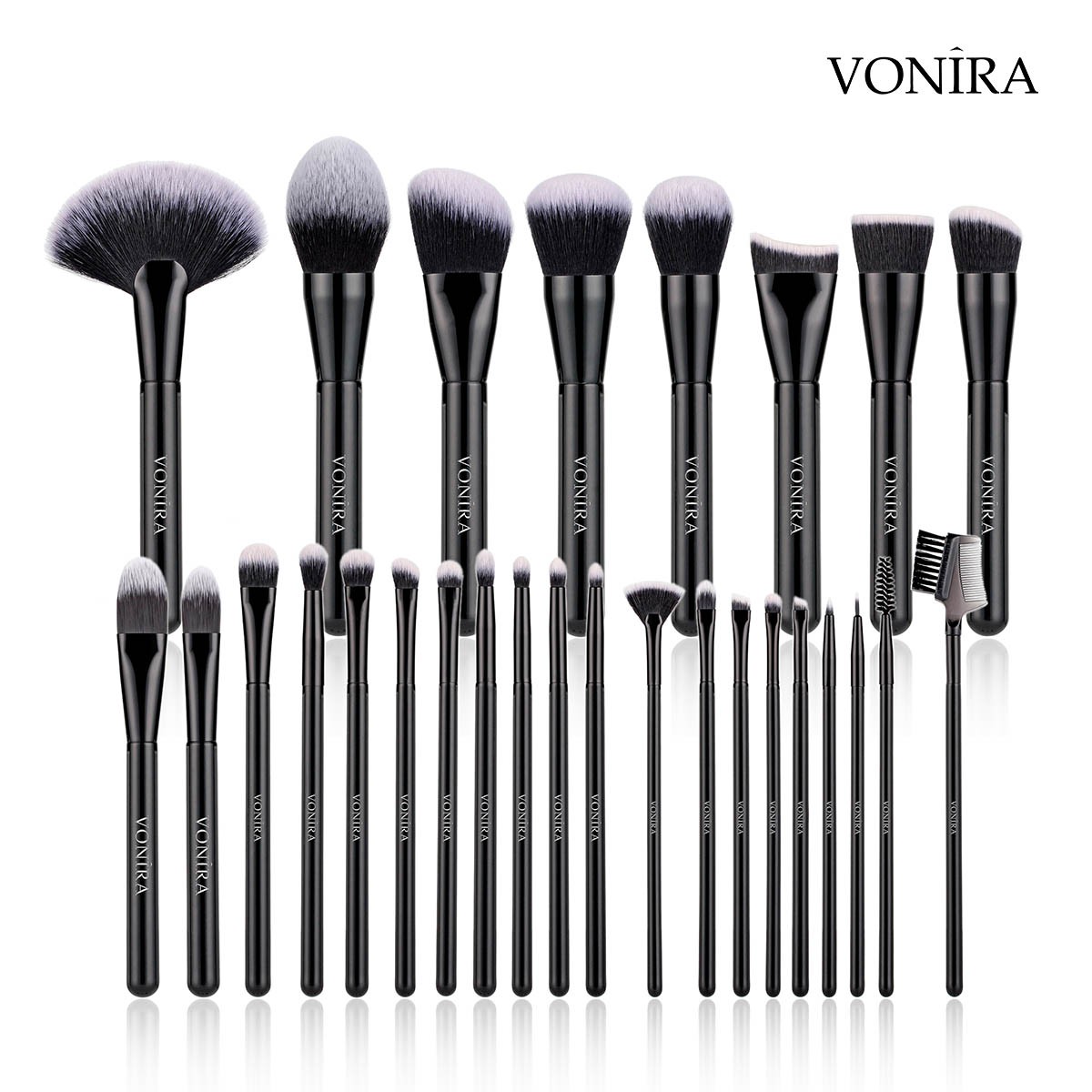 Vonira Beauty OEM ODM Fashion Professional 28 Pieces Makeup Brushes Set Glossy Black Luxury Premium Cosmetic Brushes Set Private Label