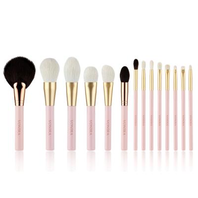 Vonira Beauty 15 Pieces Professional Quality Make up Brush Set With Recyclable Strong & Solid Aluminum Ferrule Nude Pink Handles