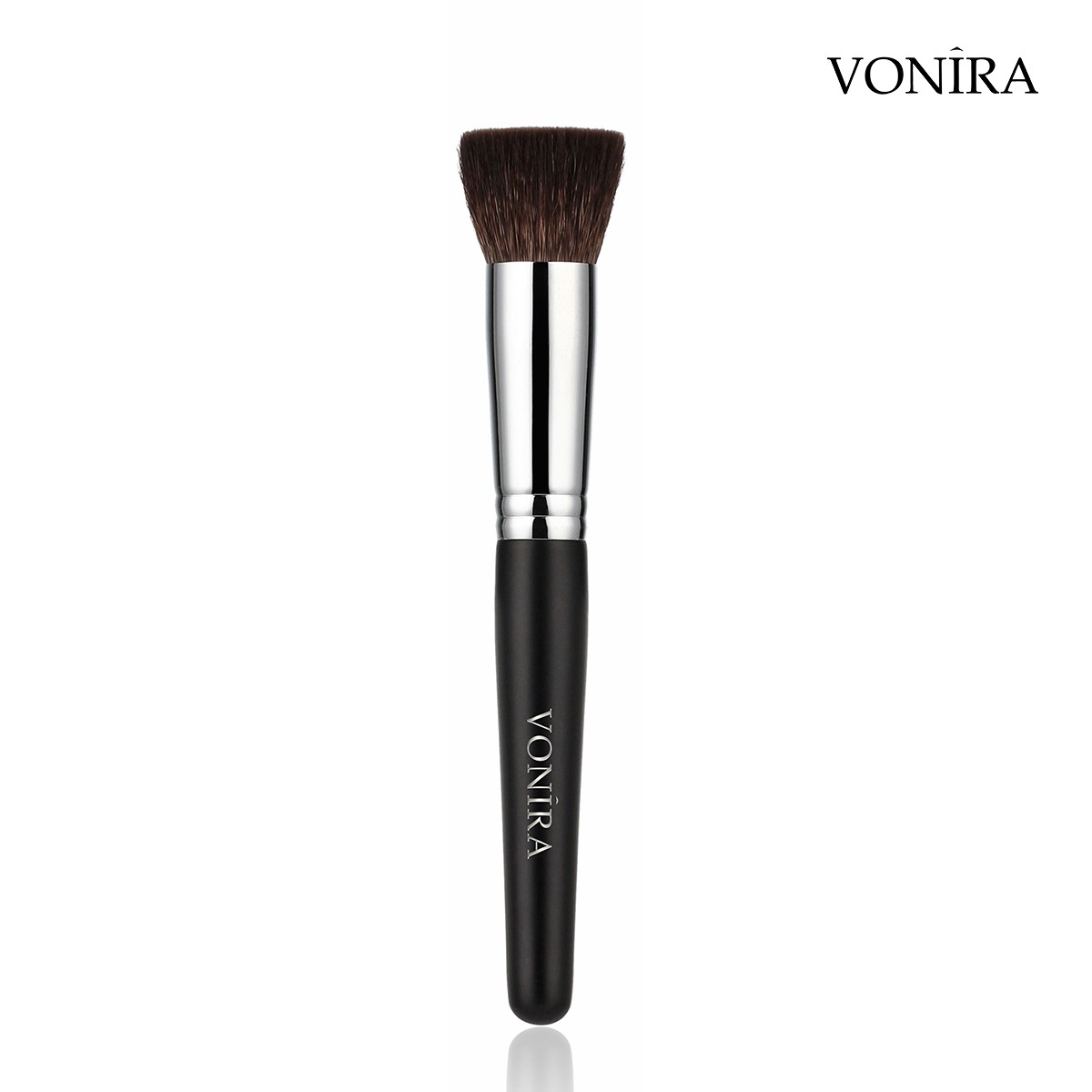 Vonira Beauty Custom Wholesale Flat Top Pressed Compact Powder Makeup Brush With Gray Squirrel Hair Silver Copper Ferrule Wooden Handles